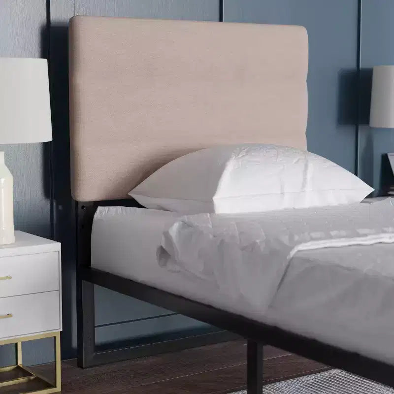 Modern Upholstered Headboard with Horizontal Line Stitching and Adjustable Height Rails