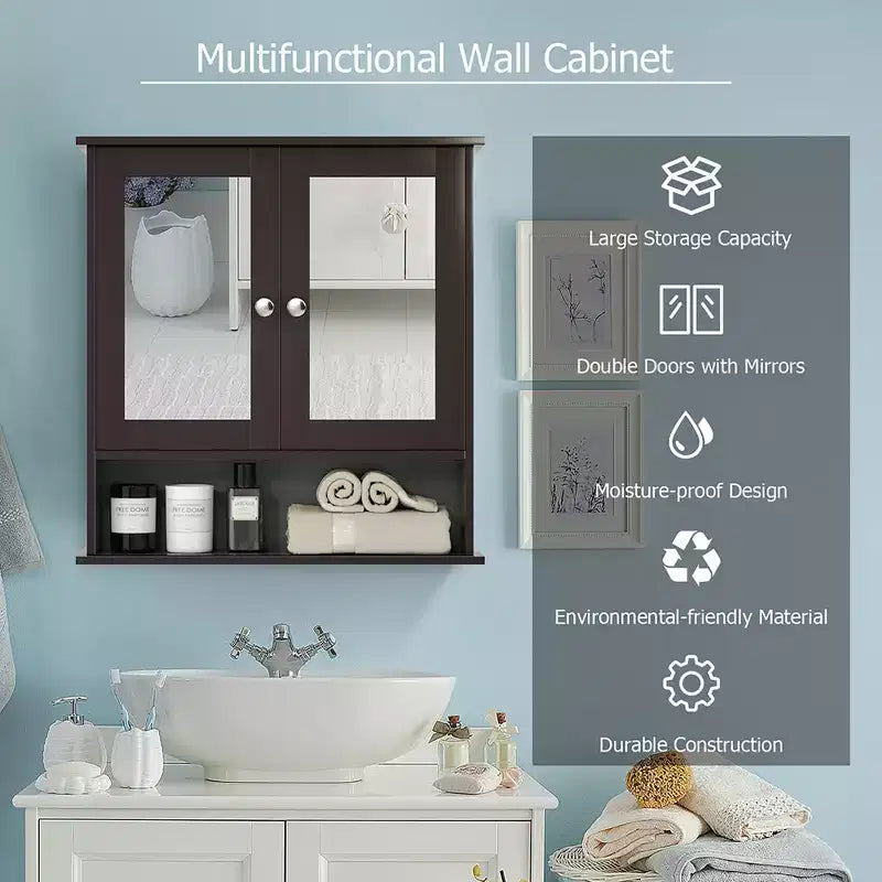 Mobiletto a specchio da parete per bagno, organizer portamedicinali, bianco/grigio/marrone/nero