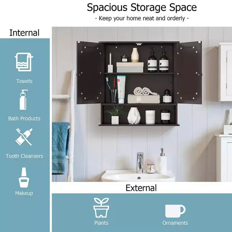 Mobiletto a specchio da parete per bagno, organizer portamedicinali, bianco/grigio/marrone/nero