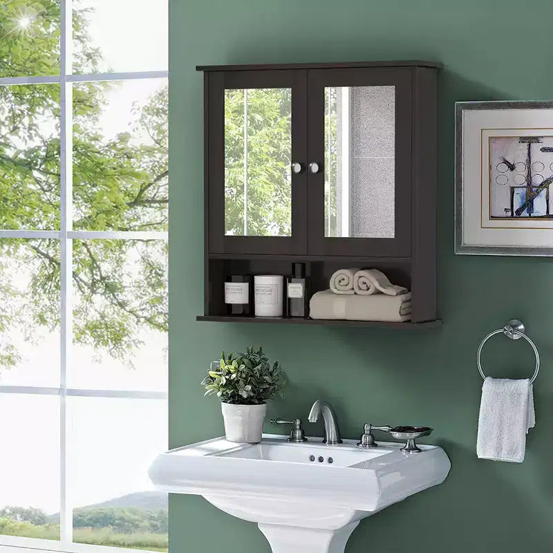 Mobiletto a specchio da parete per bagno, organizer portamedicinali, bianco/grigio/marrone/nero