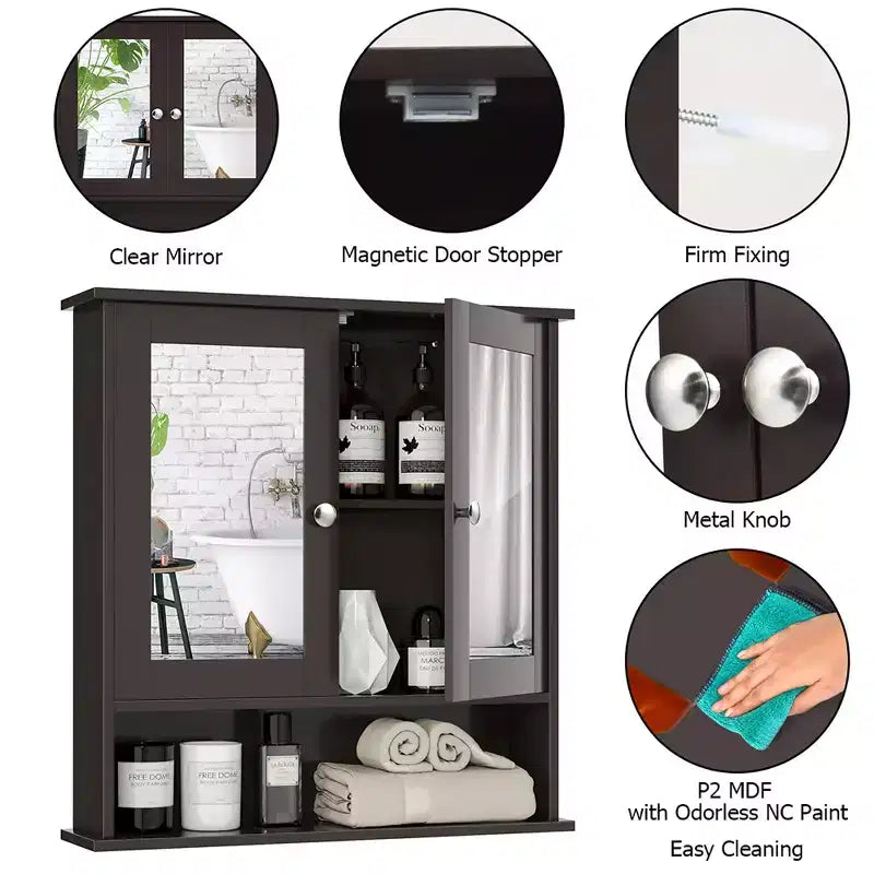 Mobiletto a specchio da parete per bagno, organizer portamedicinali, bianco/grigio/marrone/nero