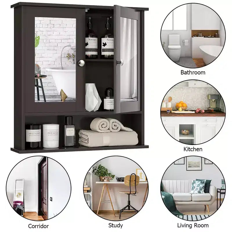 Mobiletto a specchio da parete per bagno, organizer portamedicinali, bianco/grigio/marrone/nero