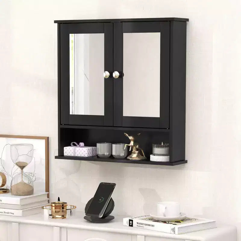 Mobiletto a specchio da parete per bagno, organizer portamedicinali, bianco/grigio/marrone/nero