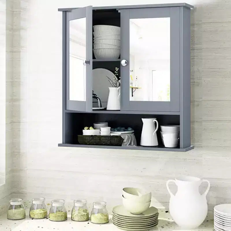 Mobiletto a specchio da parete per bagno, organizer portamedicinali, bianco/grigio/marrone/nero