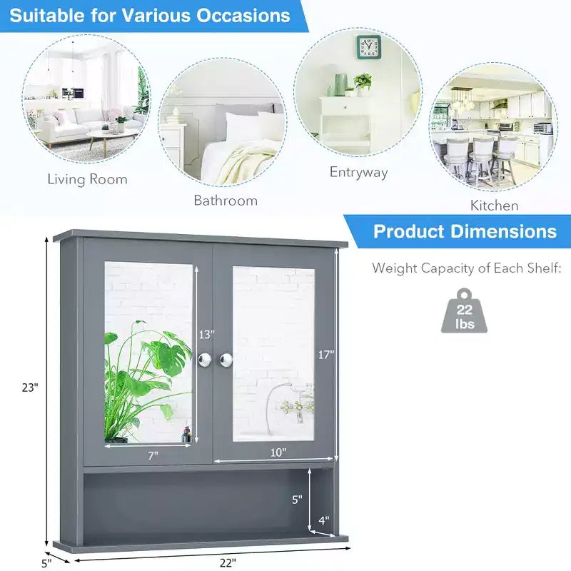Mobiletto a specchio da parete per bagno, organizer portamedicinali, bianco/grigio/marrone/nero