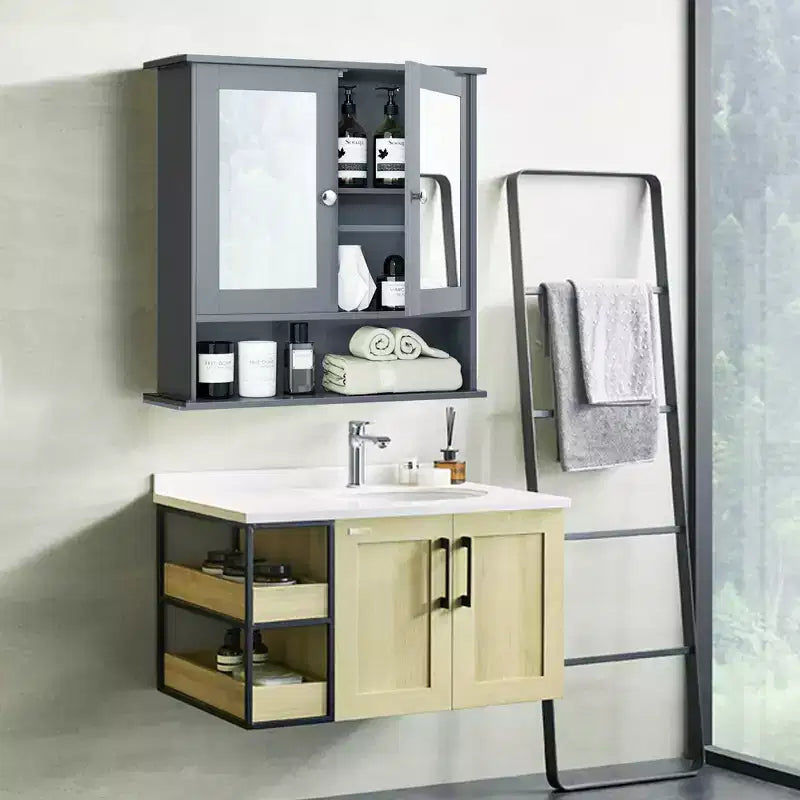 Mobiletto a specchio da parete per bagno, organizer portamedicinali, bianco/grigio/marrone/nero