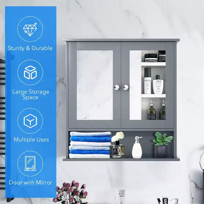 Mobiletto a specchio da parete per bagno, organizer portamedicinali, bianco/grigio/marrone/nero