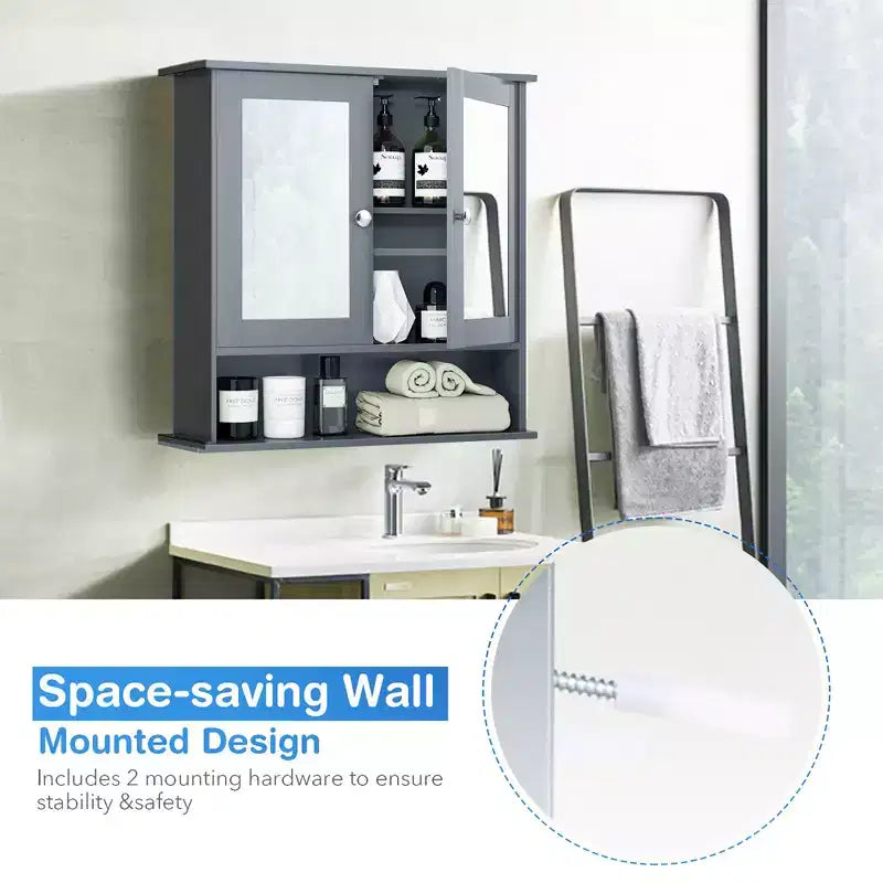 Mobiletto a specchio da parete per bagno, organizer portamedicinali, bianco/grigio/marrone/nero