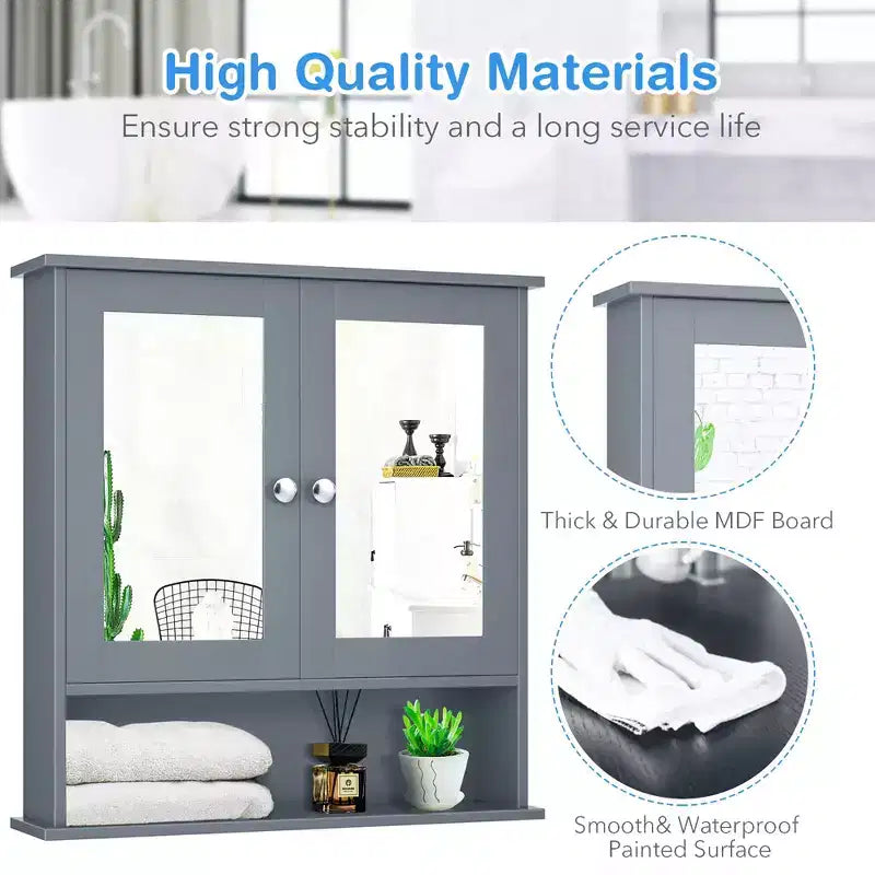 Mobiletto a specchio da parete per bagno, organizer portamedicinali, bianco/grigio/marrone/nero