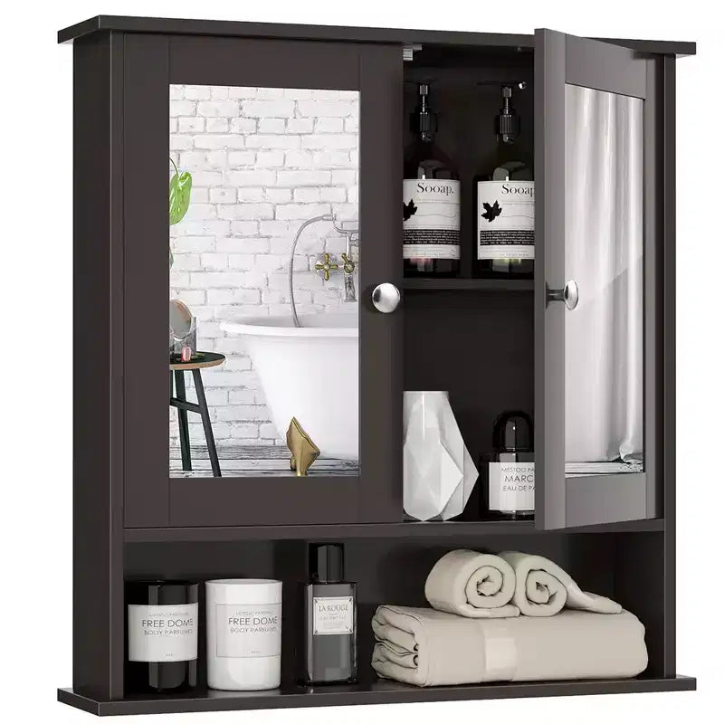 Mobiletto a specchio da parete per bagno, organizer portamedicinali, bianco/grigio/marrone/nero