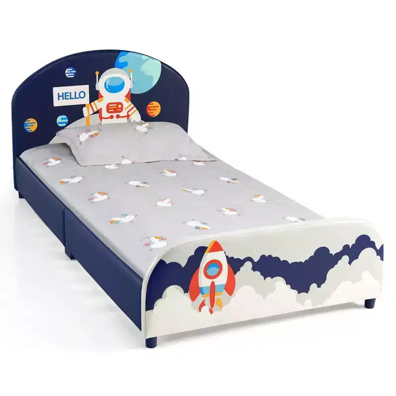 Letto a piattaforma imbottito per bambini, singolo, in legno, con motivo di astronauta