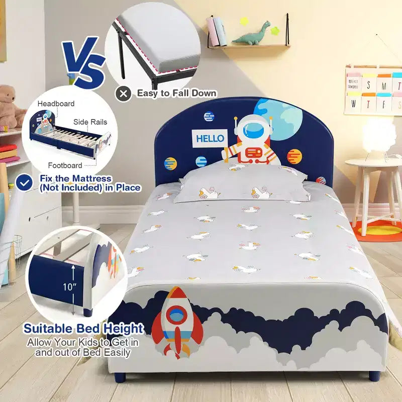 Tapicerowane łóżko platformowe dla dzieci, drewniane, w rozmiarze Twin, ze wzorem astronauty